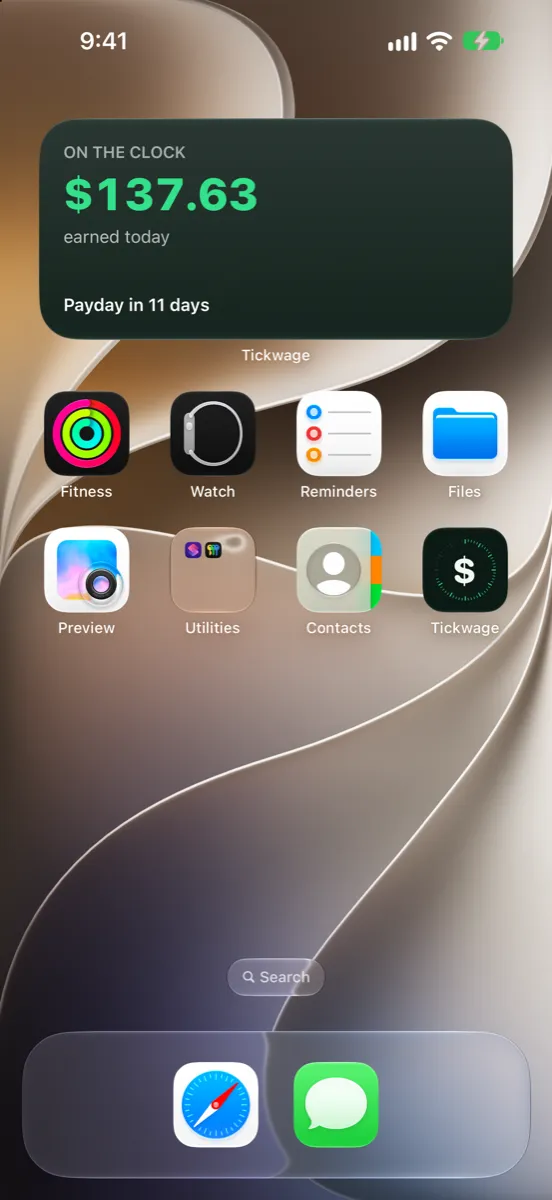 Tickwage widget on an iPhone home screen